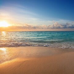 Obraz premium Tropical beach at sunset with a shimmering ocean, soft sand, and a blurred horizon