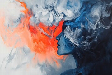 Fototapeta premium Abstract painting of a womans silhouette with colorful smoke representing emotion and creativity, suitable for art, wellness, or personal expression themes.