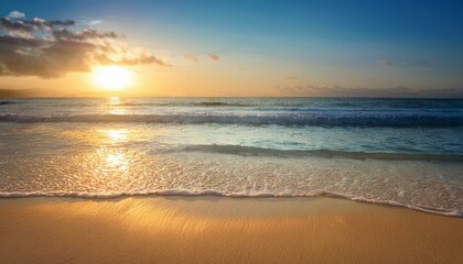 Fototapeta premium Tropical beach at sunset with a shimmering ocean, soft sand, and a blurred horizon