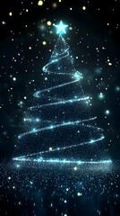 Abstract Sparkling Christmas Tree Shines Brightly with Star Topper and Falling Snowflakes in Dark Background
