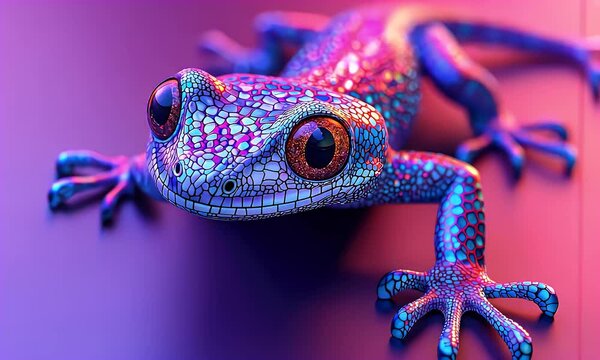Vibrant neon gecko closeup. Colorful reptile skin texture, detailed eyes. Pink and blue background.