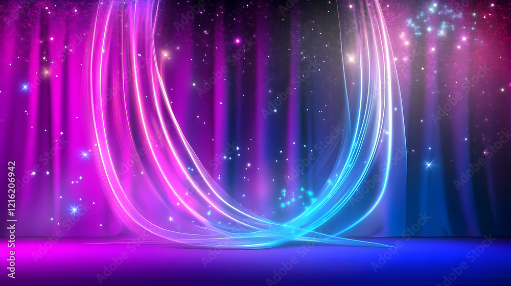 Sticker Abstract Background with Luminous Swirls and Sparkling Particles on a Stage with Drapes