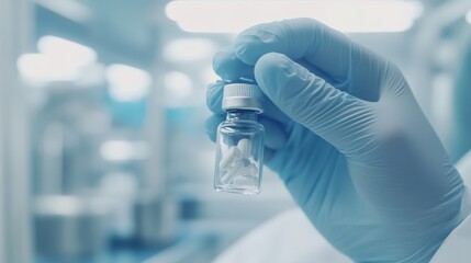 A close-up of a healthcare professional’s hands wearing gloves, holding a vial of medicine with a sterile backdrop, Minimalist style