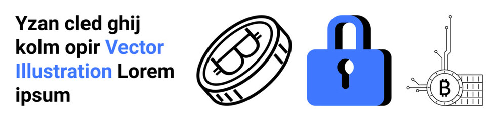 Bitcoin coin and blue lock symbolize security and protection for blockchain technology connected to cryptocurrency. Ideal for finance, tech, security, digital transactions, online banking