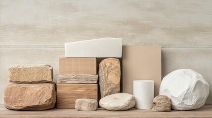 The usage of mitigation strategies and the recycling concept. Natural stones and materials arranged on a neutral background.