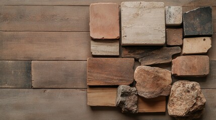 The usage of mitigation strategies and the recycling concept. A collection of varied stones and tiles arranged on a wooden surface.