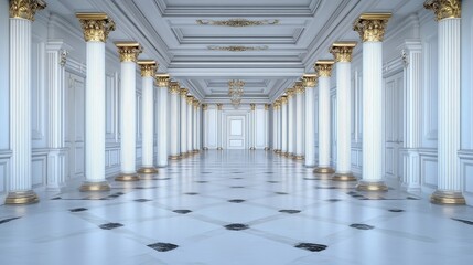 Elegant hall with tall pillars and marble floor, showcasing classical architecture.