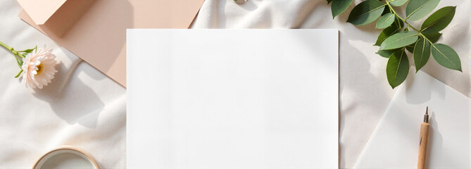 Printable paper mockup on cloth with flowers and stationery