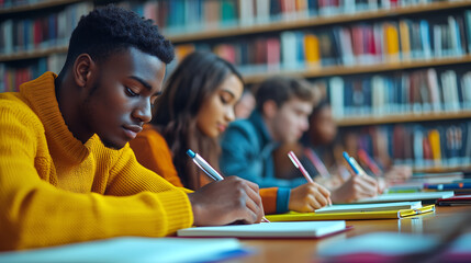 Focused students writing notes and studying in vibrant library setting emphasizing teamwork, dedication, education, diversity, and academic progress with books and learning materials in the background