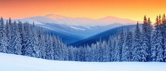 breathtaking winter landscape featuring snow covered mountains and evergreen trees under vibrant orange sunrise. serene beauty evokes sense of peace and tranquility