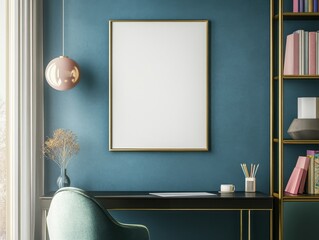 Stylish Home Office Interior Design with Teal Walls, Gold Accents, and a Blank Canvas for Artwork