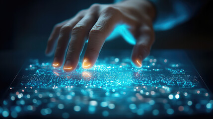 Naklejka premium Hand engaging with interactive digital interface futuristic setting technology concept close-up view