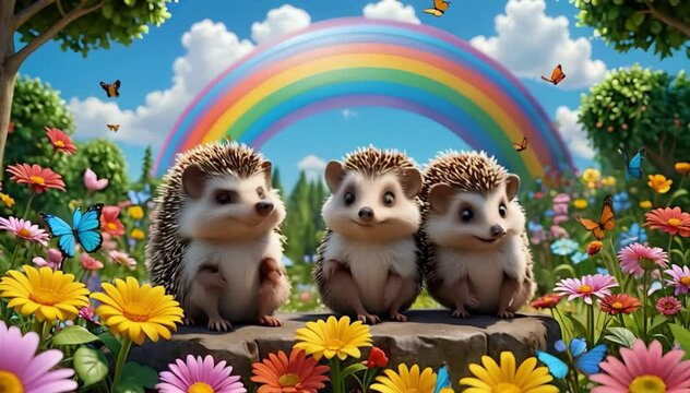 hedgehog family in flower garden