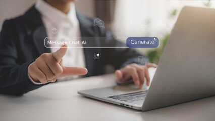 Businessmen touch the search bar with the AI Generate Button. Empowering Professionals with Advanced Tools for Efficient Content Creation, Showcasing the Future of AI in Everyday Digital Workspaces