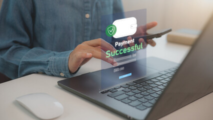 Online payment and digital financial technology or fintech concept, businessmen using laptops to transfer money, online shopping, internet banking, bill payment, digital wallet, internet banking app