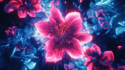 Obraz premium Neon Bloom: A surreal digital art of vibrant flowers glowing in the dark, a symphony of pink and blue hues creating a mystical and enchanting atmosphere.