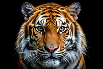 Fototapeta premium Wildlife portrait: A close-up of a magnificent tiger's face, set against a dramatic black backdrop.