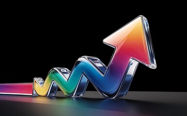 Growth arrow icon with colorful gradient 3d rendering shape with glass effect with black background