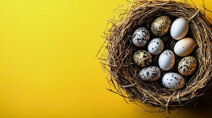 Obraz premium Speckled Quail Eggs in a Bird's Nest on Yellow Background