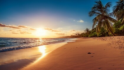 Holidays - Tropical beach at sunset with sparkling ocean, palm trees, light sand, and a blurred horizon.