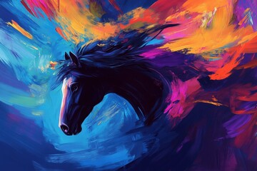 Horse silhouette amidst vibrant abstract colors, showcasing dynamic movement and energy in an artistic representation. Perfect for equine art and creativity themes.