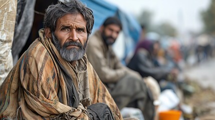 Obraz premium close up photo of poor people sitting on the street 