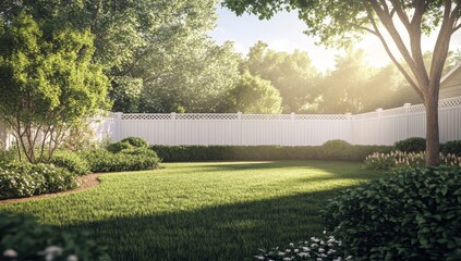 Obraz premium Sunlit backyard with green lawn, white fence, and lush landscaping.