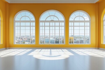 A dance studio with yellow walls and large windows. Light is coming in from the windows, and the floor is painted white. 
