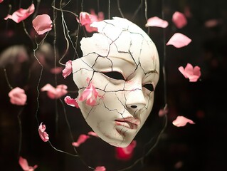 A cracked porcelain mask with delicate pink flower petals, a symbolic representation of fragility, beauty, and decay.