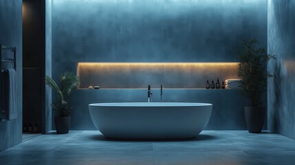 Modern bathroom oasis featuring a freestanding oval bathtub with a soothing glow