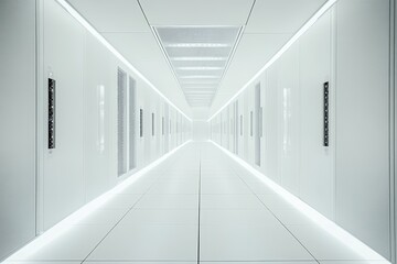 Bright, clean server room corridor with white walls, floor, and doors.