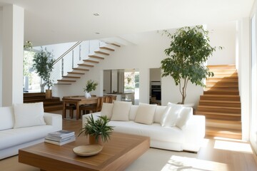 Fototapeta premium A large living room with a white couch, a coffee table, and a potted plant. The room has a modern and elegant feel, with a staircase leading up to the second floor. The space is well-lit and inviting