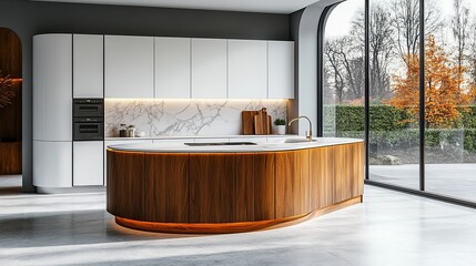 Elegant and Spacious Kitchen Featuring a Luxurious Large Marble Island Surrounded by Modern Cabinets and Warm Lighting Creating a Cozy and Inviting Culinary Atmosphere for Family Gatherings