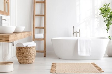 Fototapeta premium A bathroom with a white bathtub and a wooden ladder. The ladder is used to store towels