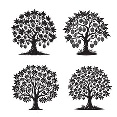 "High-Quality Monochrome Vector Silhouettes of the Lychee Tree Isolated on a White Background"