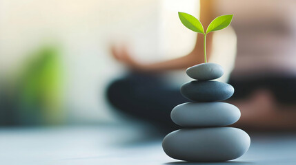 Obraz premium A serene arrangement of stacked stones with a small green plant sprouting, symbolizing growth and balance in a tranquil environment.