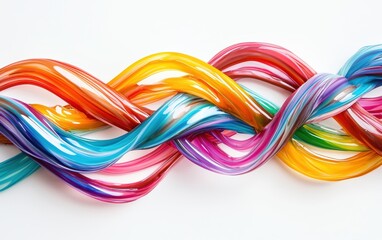 Rainbow chocolate streams intertwining in mid-air, forming a mesmerizing pattern on a bright white surface