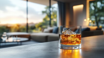 Modern home setting with guests enjoying whiskey and minimalist decor in evening light