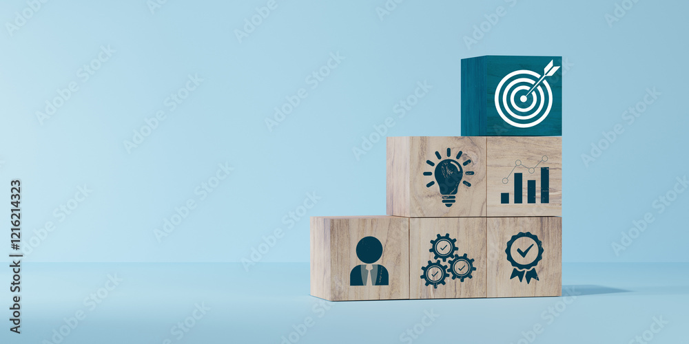 Wall mural woods block step on table with icon action plan, goal and target, success and business target concep