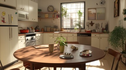 Fototapeta premium A kitchen with a large wooden table in the center. The table is set with plates, cups, and a vase of flowers. The kitchen is well-lit and has a warm, inviting atmosphere
