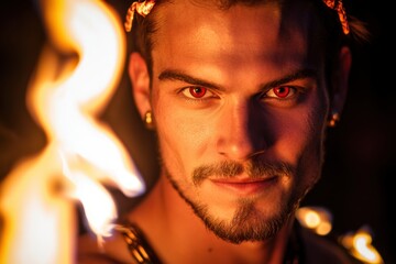 A portrait of a fire performer's face, glowing complexion, ember-red eyes, flame-colored hair, short goatee, energetic look