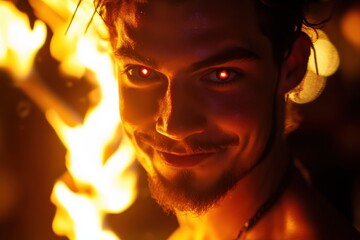 A portrait of a fire performer's face, glowing complexion, ember-red eyes, flame-colored hair, short goatee, energetic look