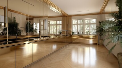 Fototapeta premium A spacious, well-lit kitchen with a gold-toned design and a large mirror above the sink. The room features a large window that lets in plenty of natural light