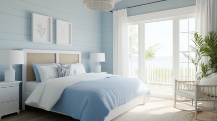 A bedroom with a blue bed and white curtains. The curtains are open, letting in the sunlight. There is a potted plant in the room, and a chair is placed near the window. The room has a calm