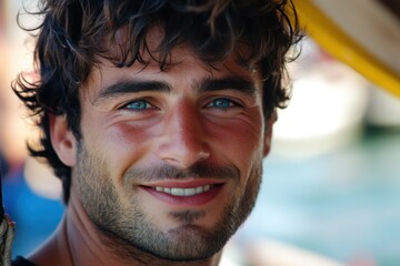 Fototapeta premium A portrait of a gondolier's face, sun-kissed complexion, Mediterranean blue eyes, wavy black hair, stubble, cheerful look
