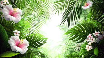 Lush Tropical Paradise: Hibiscus and Palm Leaves in Vibrant Bloom