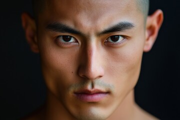 Fototapeta premium A portrait of a martial artist's face, smooth complexion, obsidian eyes, shaved head, clean-shaven, centered look