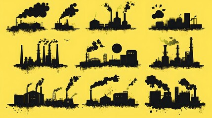 Fototapeta premium Industrial silhouettes adorned by smoke against a vibrant yellow backdrop