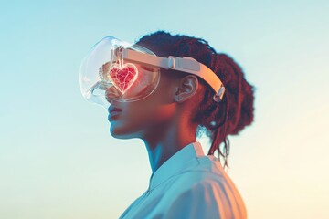 A woman wearing a VR headset experiences a holographic heart, symbolizing futuristic healthcare or emotional connection in virtual reality.