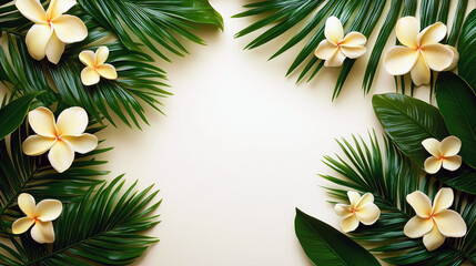 Tropical Floral Frame: Plumeria and Palm Leaves on Beige Background
